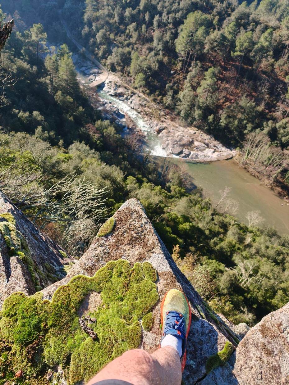 Vue plongeante sur la rivière depuis un rocher couvert de mousse